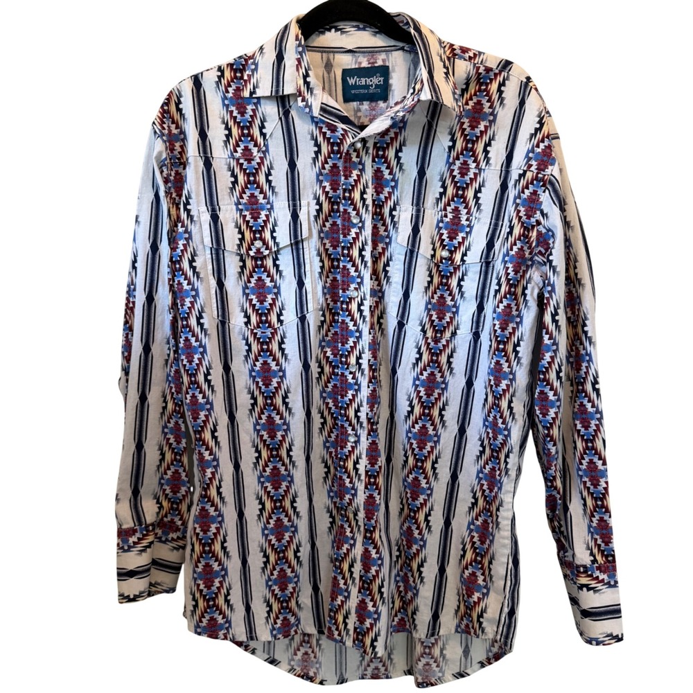 Wrangler Checotah Mens Medium Western Pearl Snap Shirt Geometric Tribal Print
